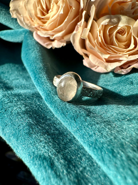 Rose Quartz with Sterling Silver Floral band Ring