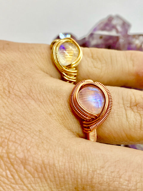 Rainbow Moonstone wrapped in Gold Ring  *custom