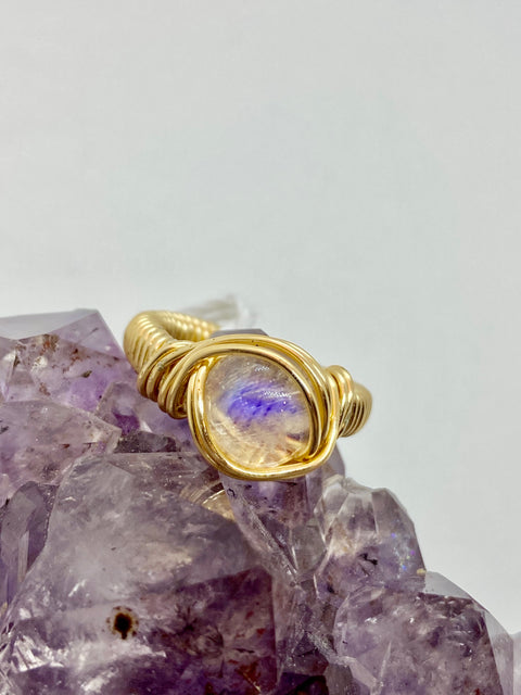 Rainbow Moonstone wrapped in Gold Ring  *custom
